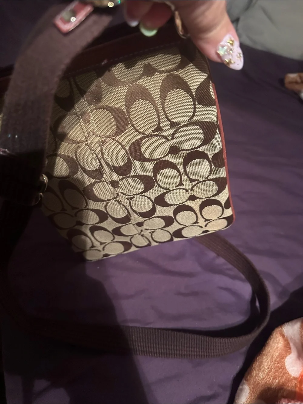 COACH Brown Signature Canvas Crossbody with Plum and Mauve Stripes